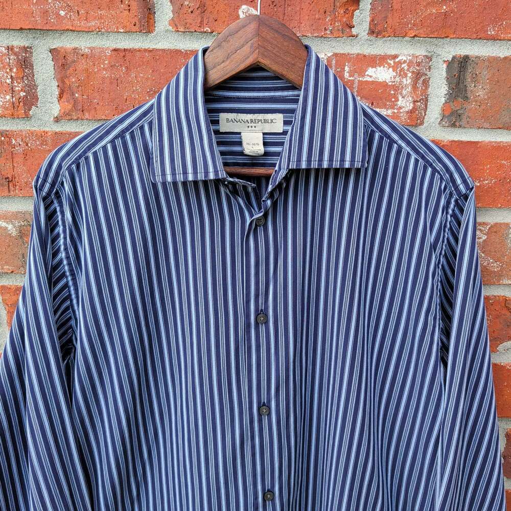 Banana Republic Striped Dress Shirt Mens L 16-16.5 Blue Navy Cotton Button Down
